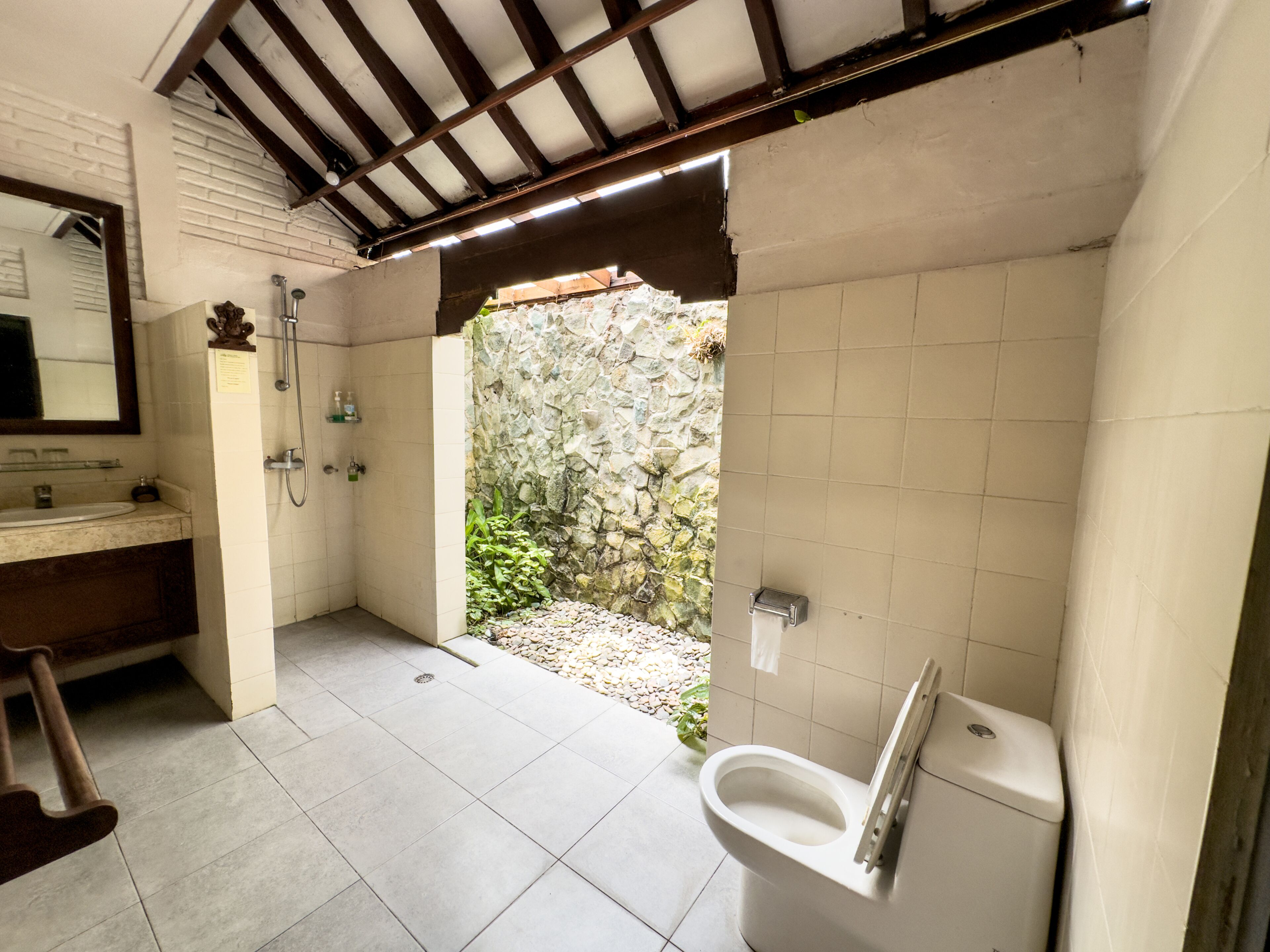 family room | bathroom | shower, hair dryer, towels