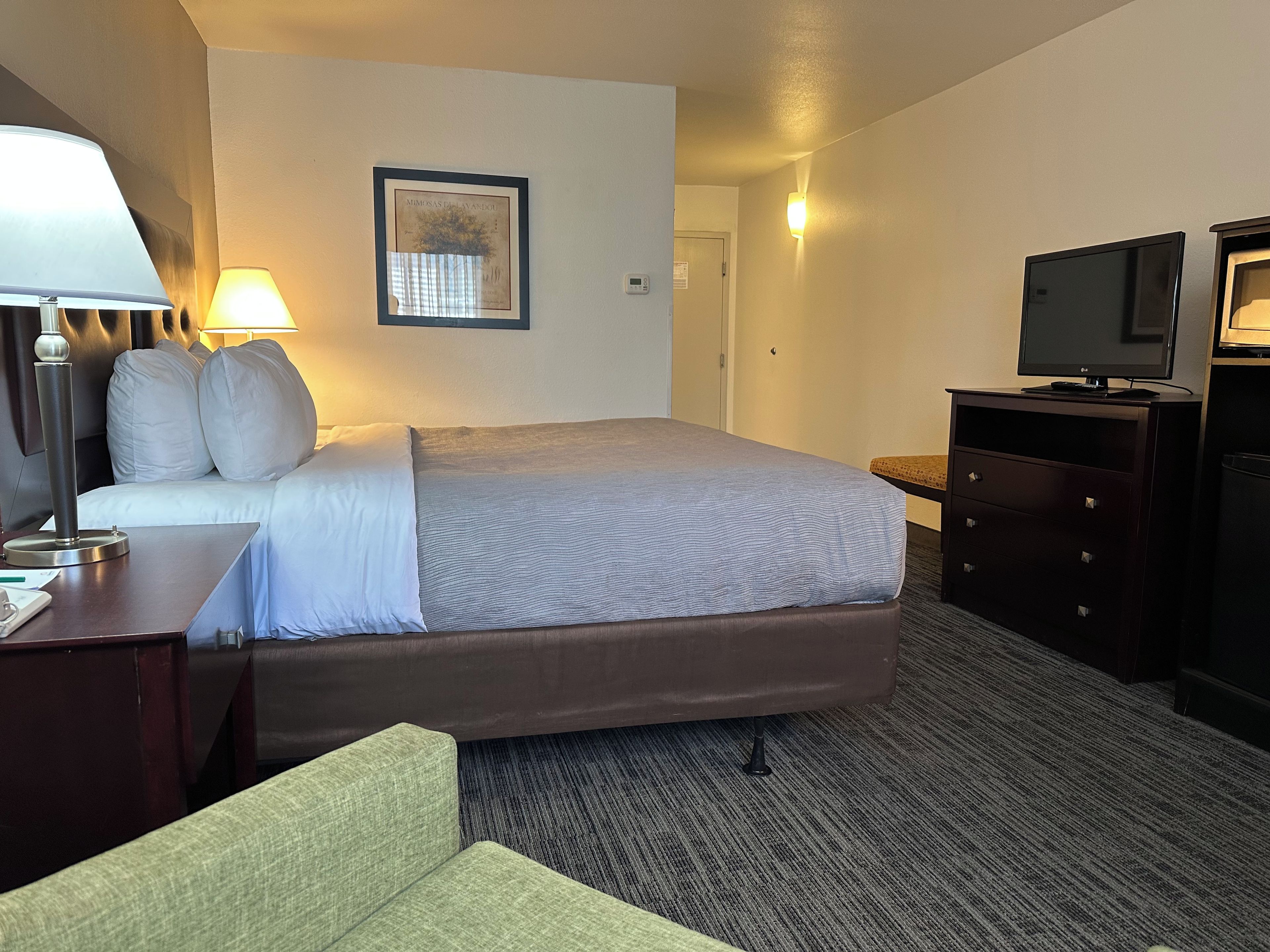 Une chambre d’hôtel avec un lit, un bureau doté d’une lampe, un téléviseur posé sur un meuble et un tableau encadré accroché au mur.