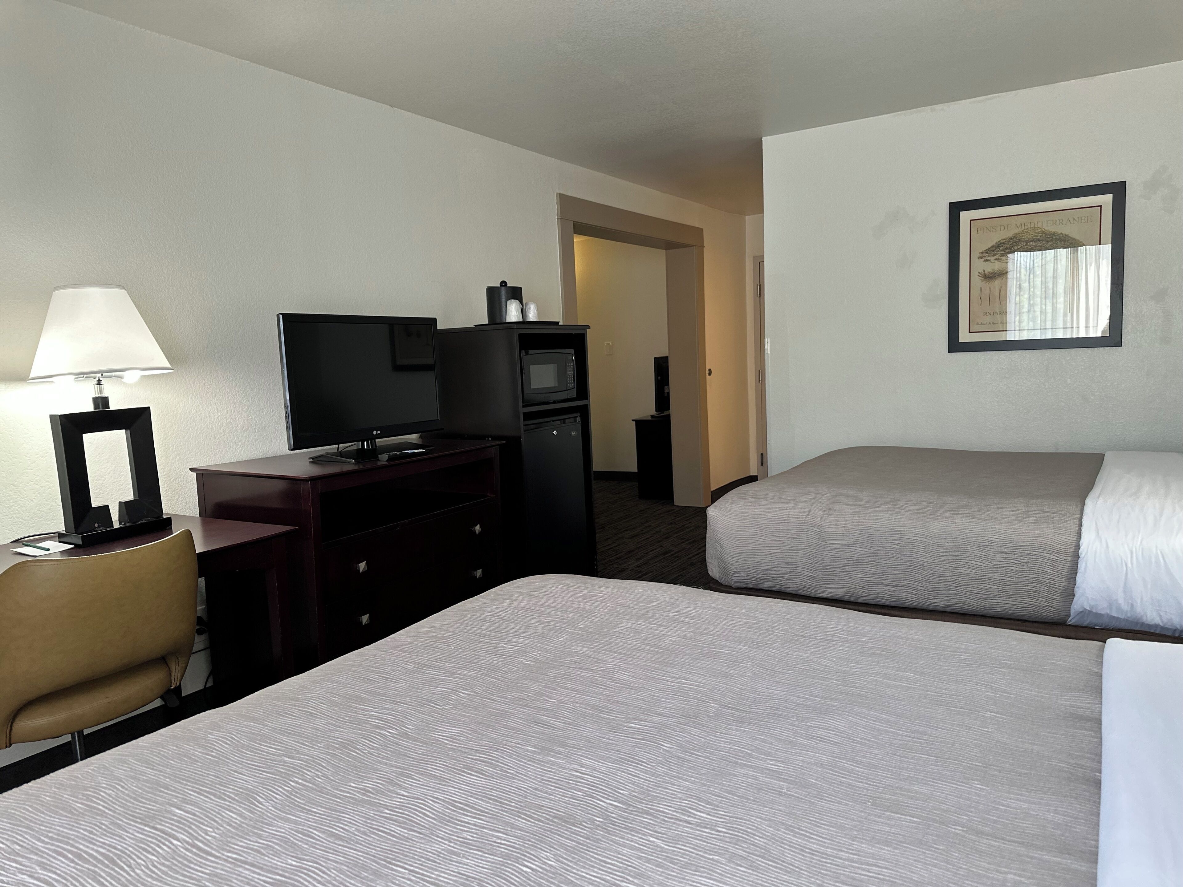 A hotel room with two beds, a desk with a lamp, a TV, a microwave, and a framed picture on the wall.