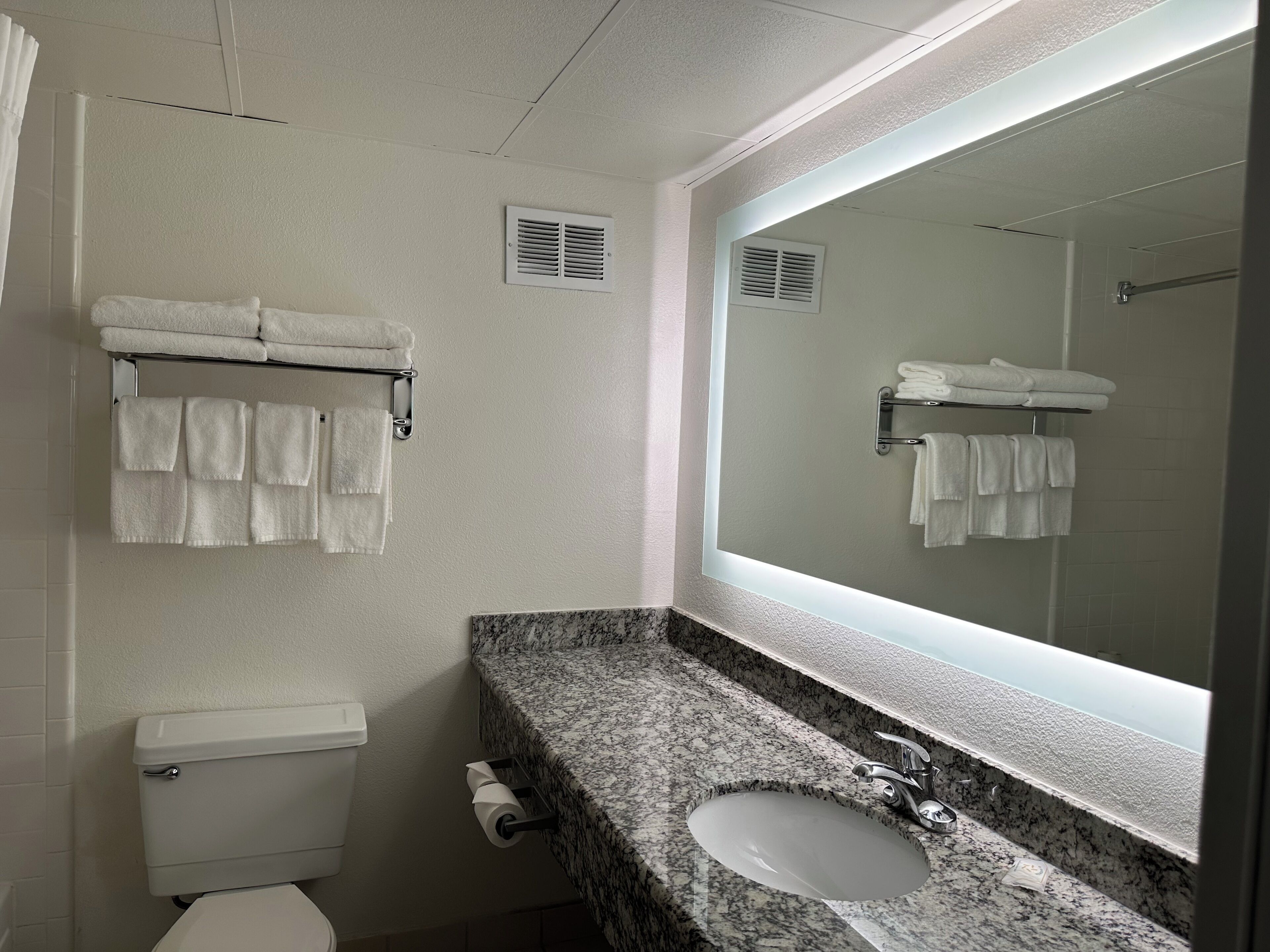A bathroom with a toilet, sink, and towel rack.