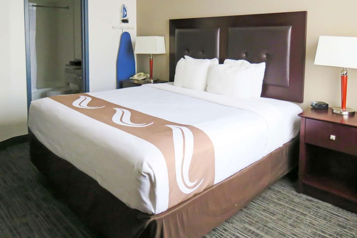 A hotel room with a large bed, a nightstand with a lamp, a desk with a phone, and a shower area.
