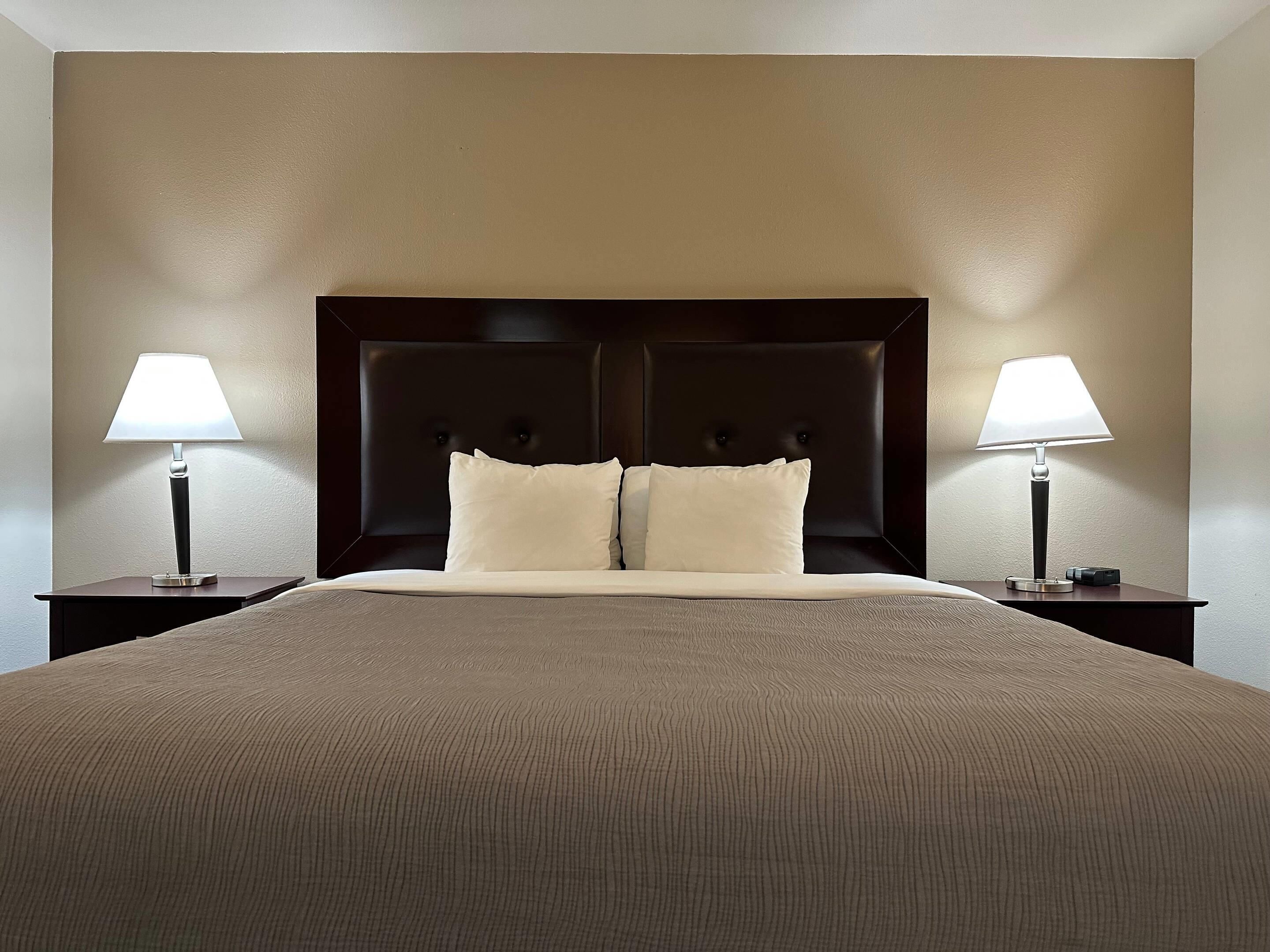 Una habitación de hotel con una cama grande, dos mesitas de noche con lámparas y un cabecero oscuro.