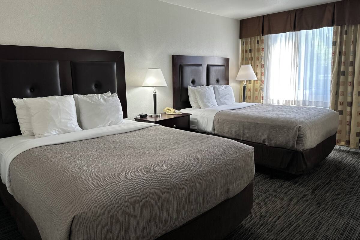 A hotel room with two beds, a nightstand with a lamp, a telephone, and a window with curtains.