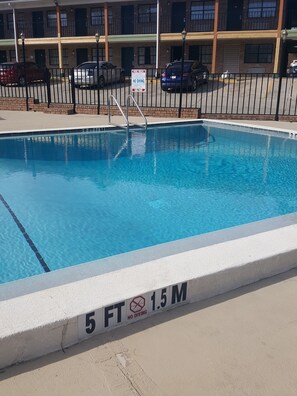 Seasonal outdoor pool, pool loungers