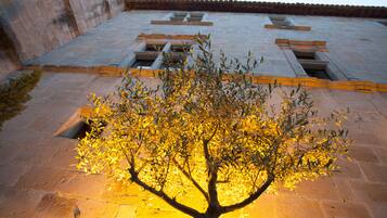 A tree in front of a building with large windows and a stone wall.