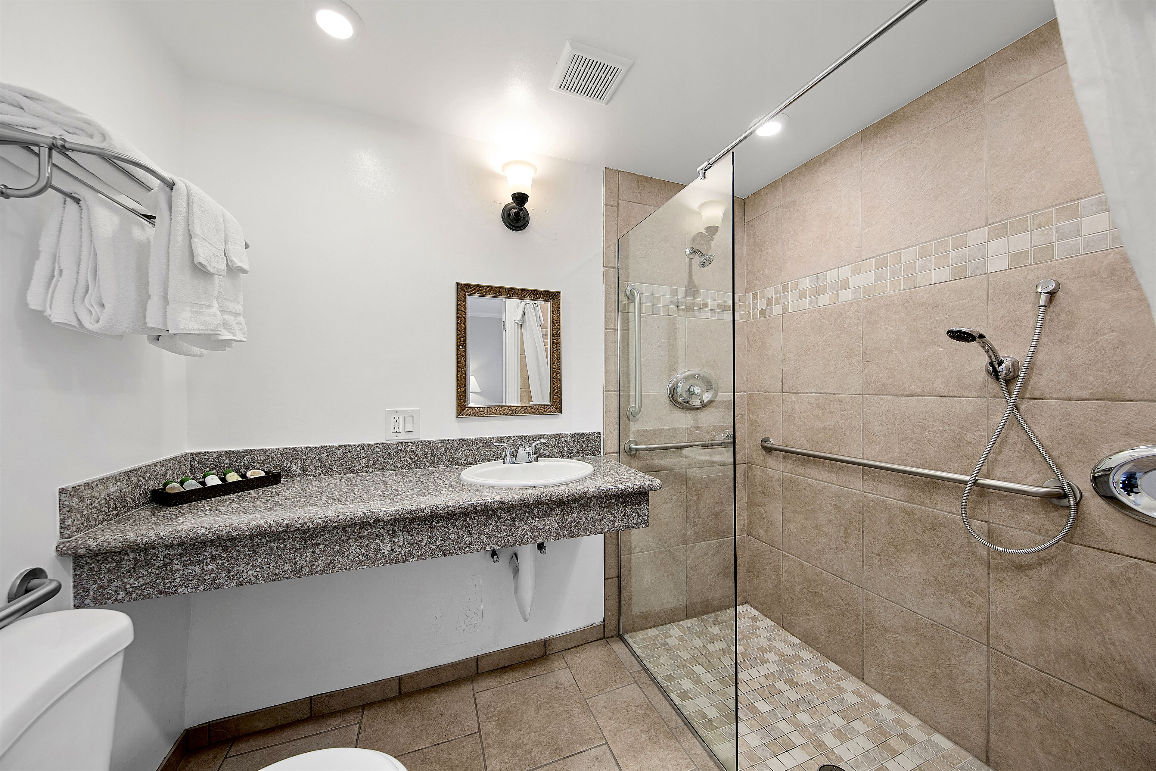 shower, free toiletries, hair dryer, towels