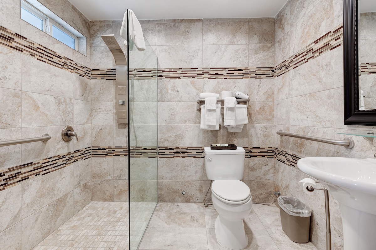 shower, free toiletries, hair dryer, towels
