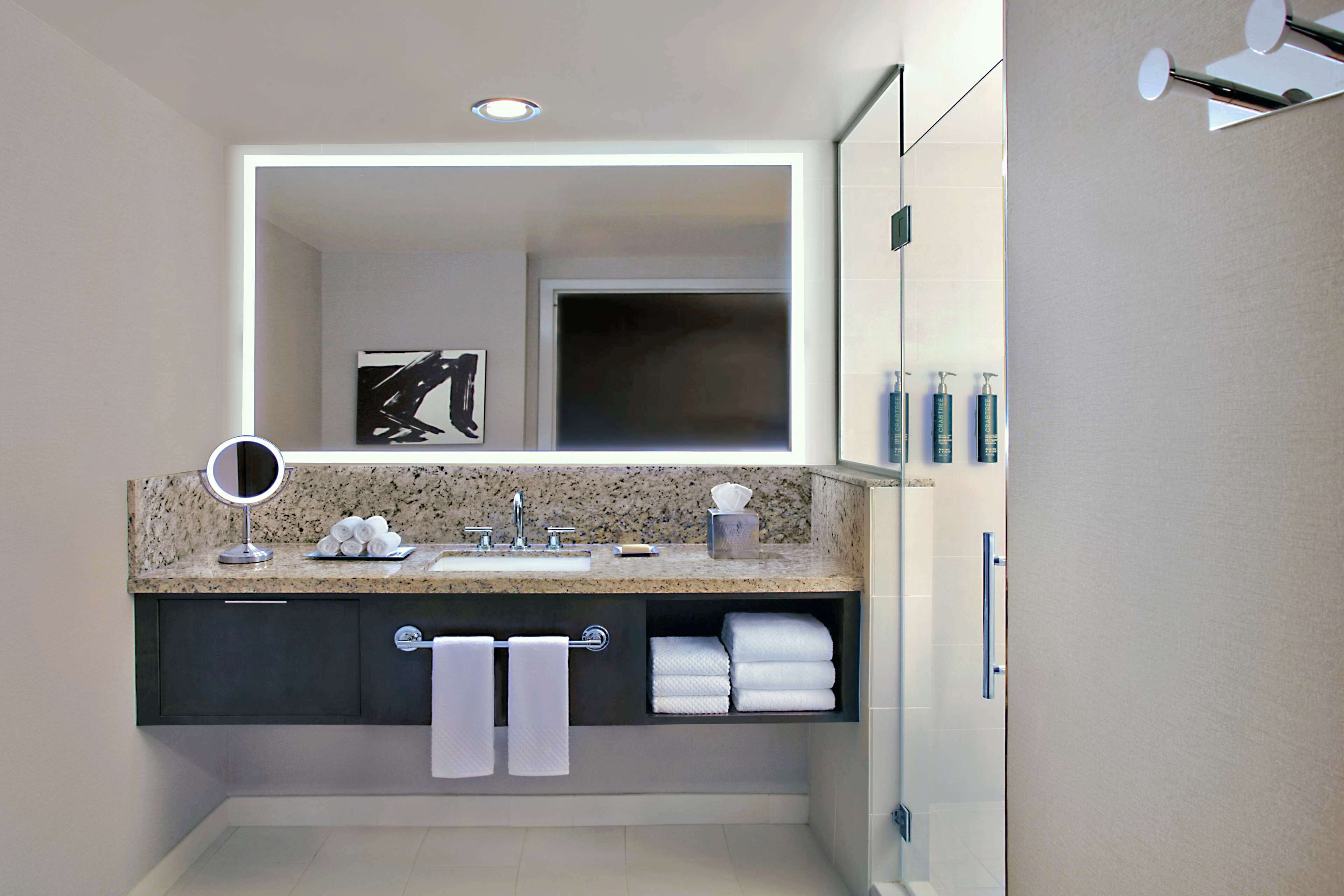 A modern bathroom with a granite countertop, a large mirror, a sink, and a towel rack.