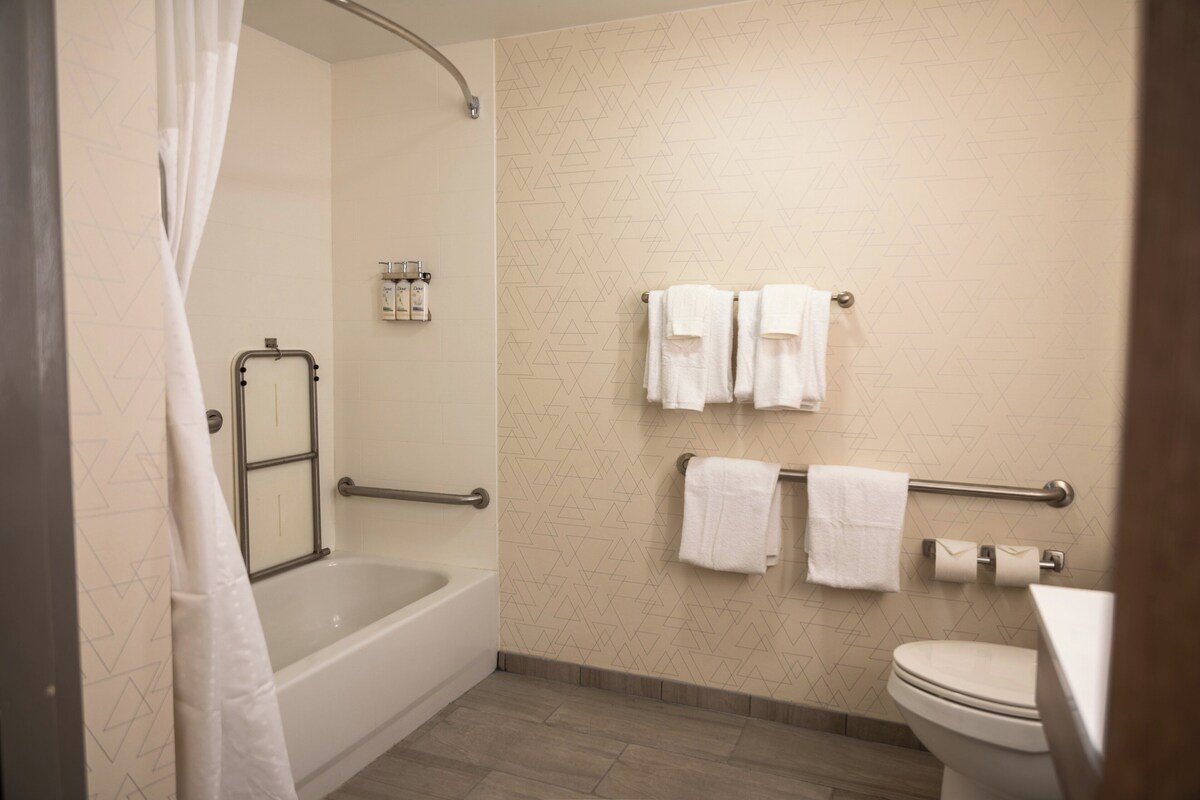 Une salle de bain avec une baignoire, des toilettes et un porte-serviettes.