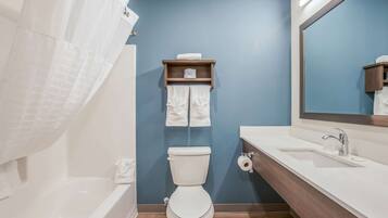 Hair dryer, towels, soap, shampoo