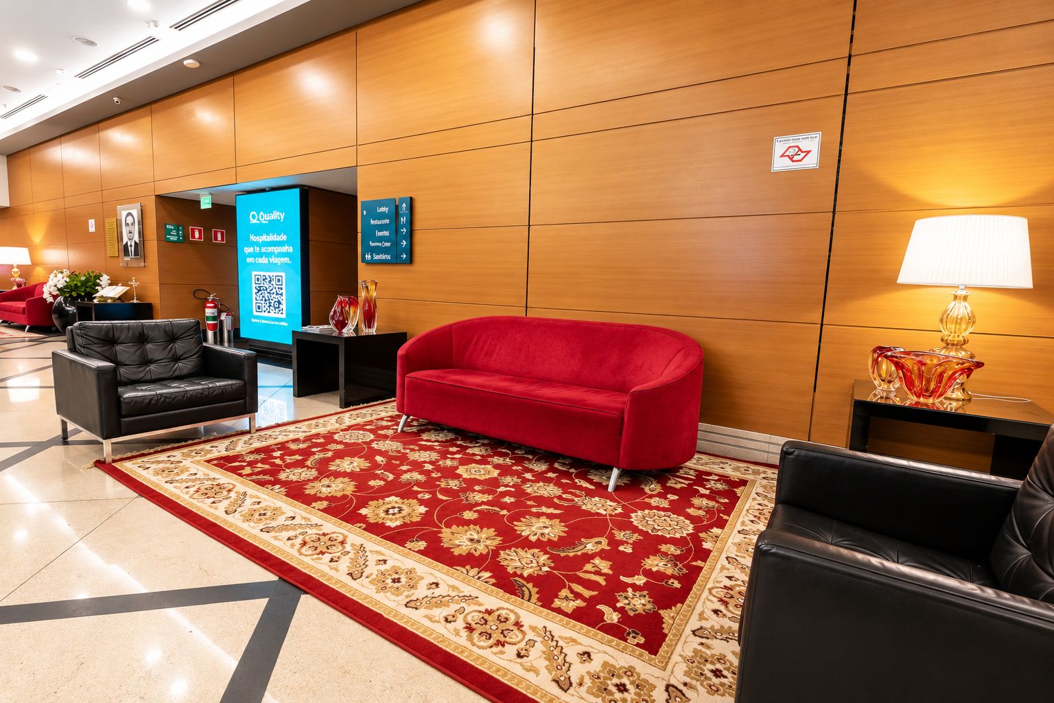 A hotel lobby with a red sofa, black armchairs, a patterned carpet, and a digital information board.