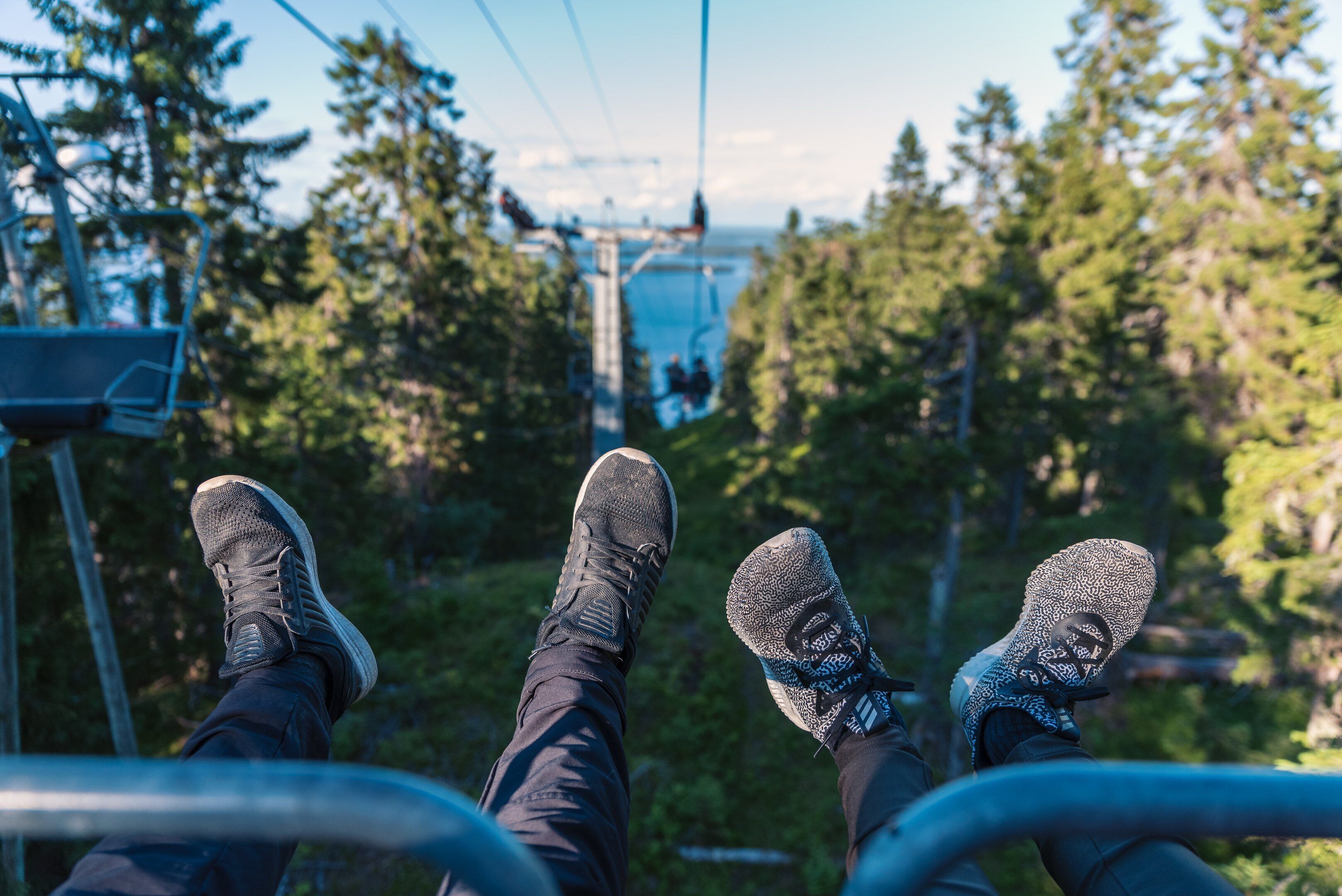 A person seated on a chair with a view of a cable car system and surrounding trees.