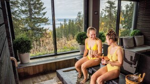 Two people sitting on a bench with a view of a forest and a body of water. - Break Sokos Hotel Koli (Lieksa)