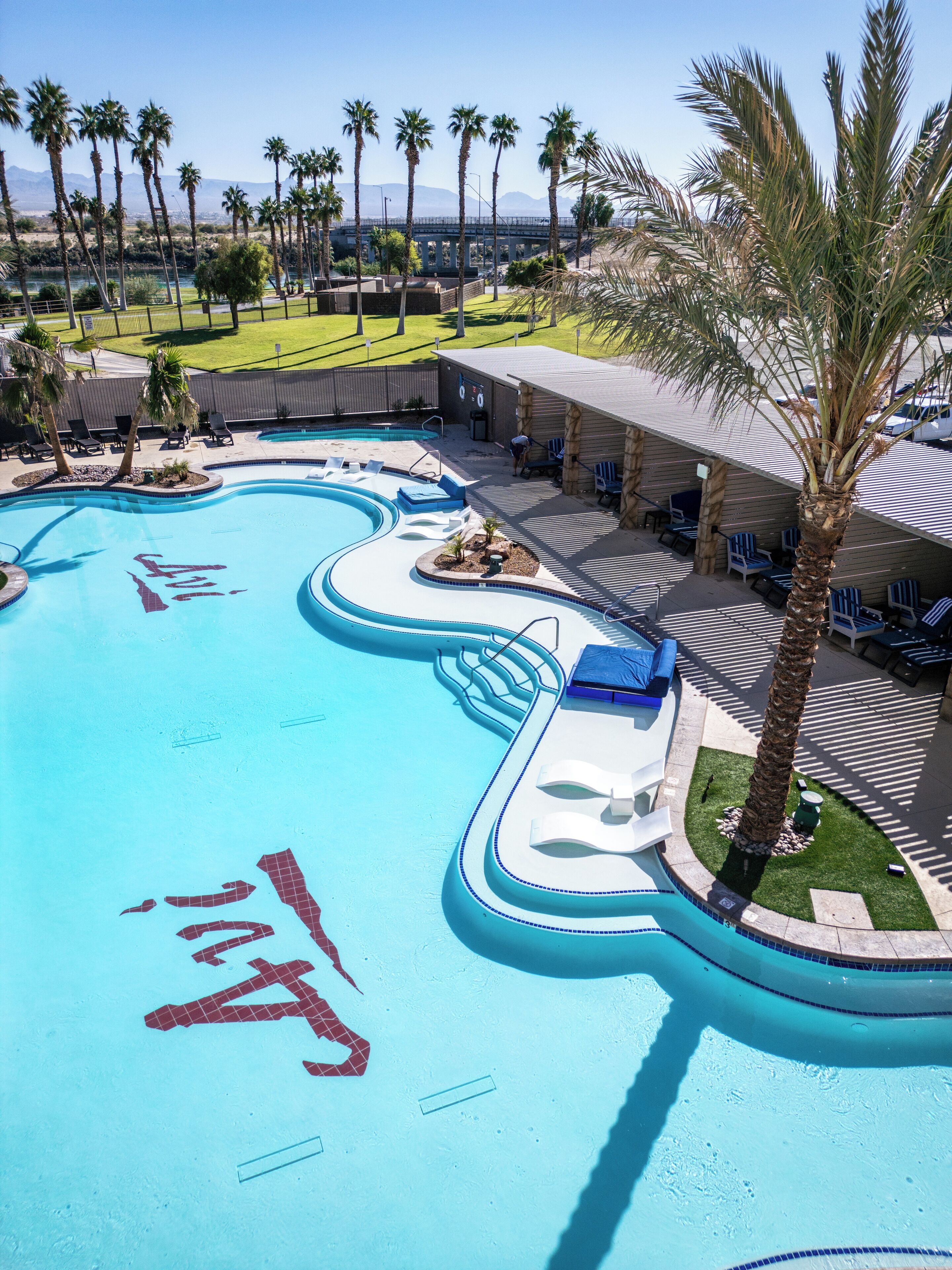 A large swimming pool with a wavy design, surrounded by palm trees and lounge chairs.