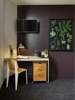 A modern office space with a desk, chair, TV, and a framed botanical illustration on the wall.
