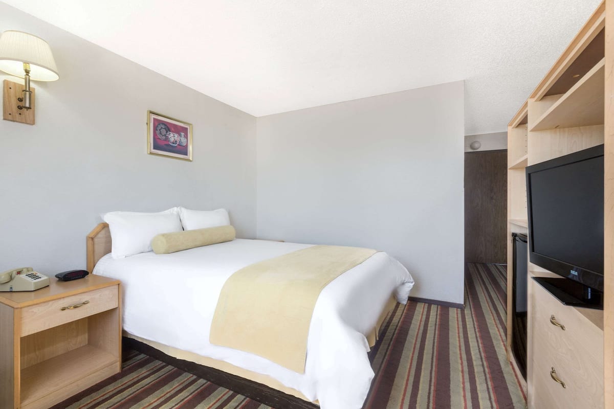 Une chambre d’hôtel avec un lit, une table de chevet avec une lampe, une télévision et un tableau encadré au mur.