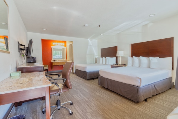 Standard Double Queen | Premium bedding, desk, laptop workspace, blackout drapes