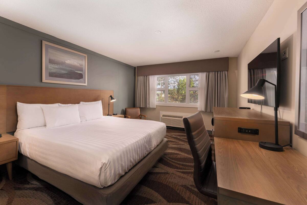 A hotel room with a large bed, a desk, a chair, a TV, and a window with curtains.