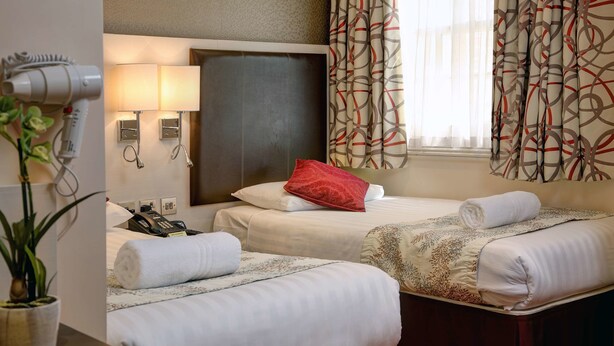 Une chambre d’hôtel avec deux lits, un sèche-cheveux, un téléphone et une plante.
