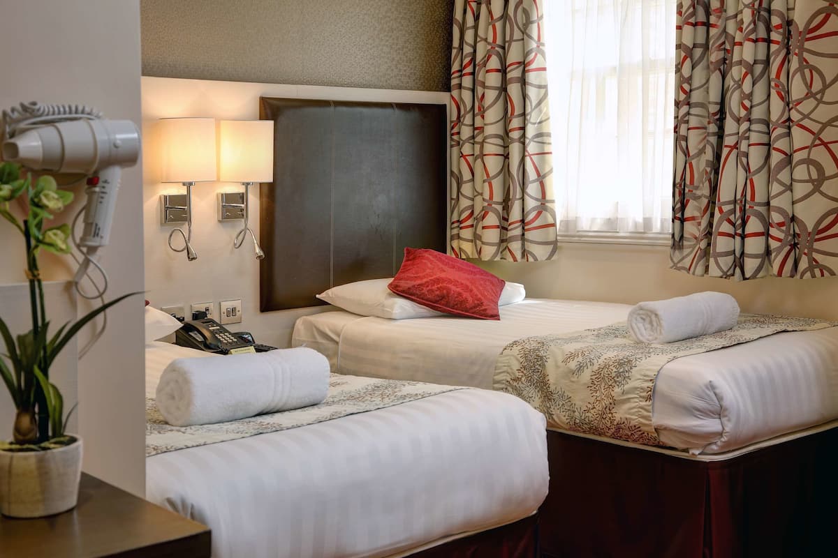 A hotel room with two beds, a hairdryer, a phone, and a plant.