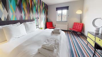 Desk, laptop workspace, blackout drapes, iron/ironing board