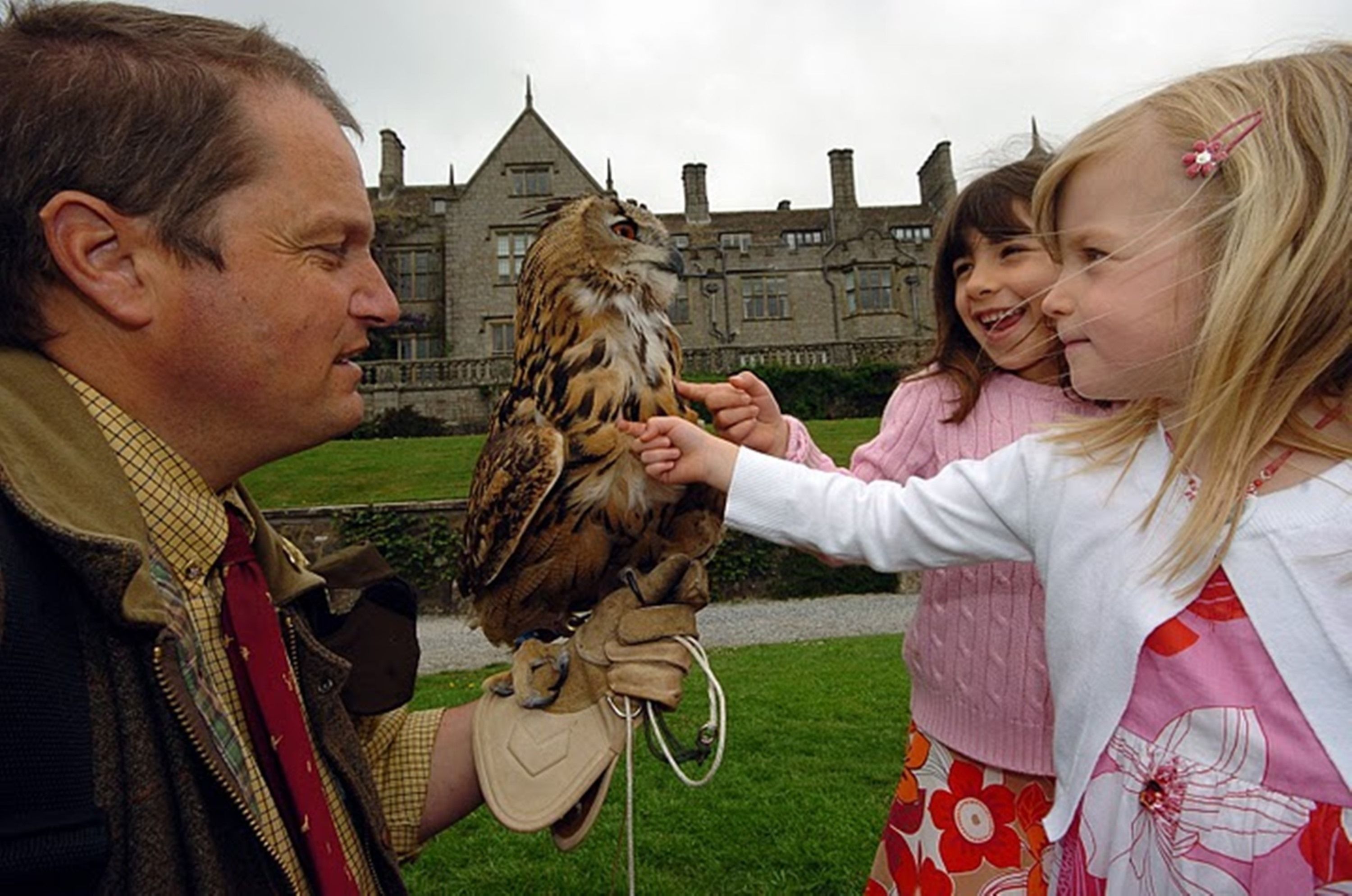 A person holding a bird of prey with a building in the background.