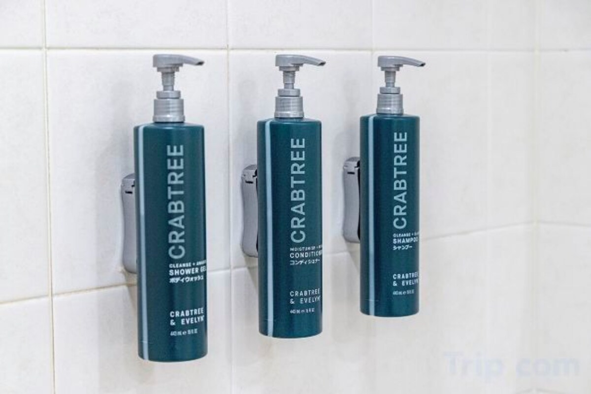 Combined shower/tub, free toiletries, hair dryer, slippers