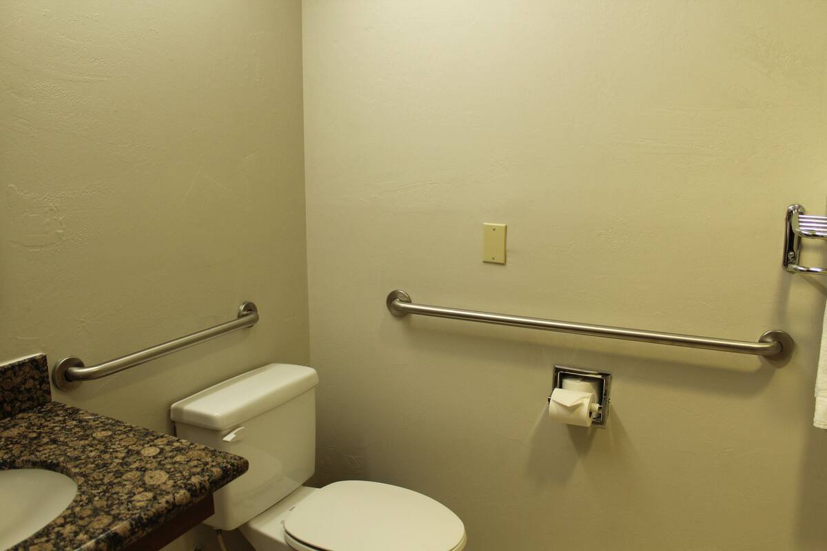 A bathroom with a toilet, grab bars, a sink, and a towel rack.