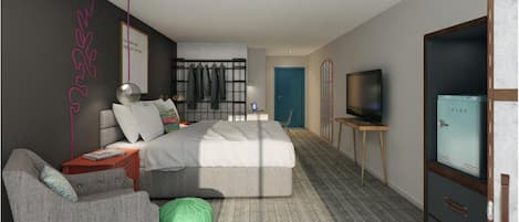 Una habitación de hotel moderna con cama, zona de estar con una silla y reposapiés, televisor y armario.