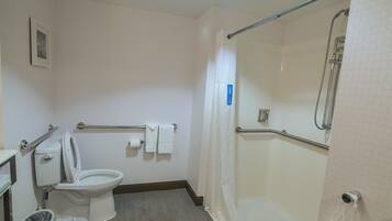 A bathroom with a toilet, a shower with a grab bar, and a hand dryer.