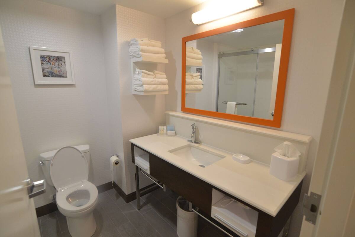 combined shower/bathtub, hair dryer, towels