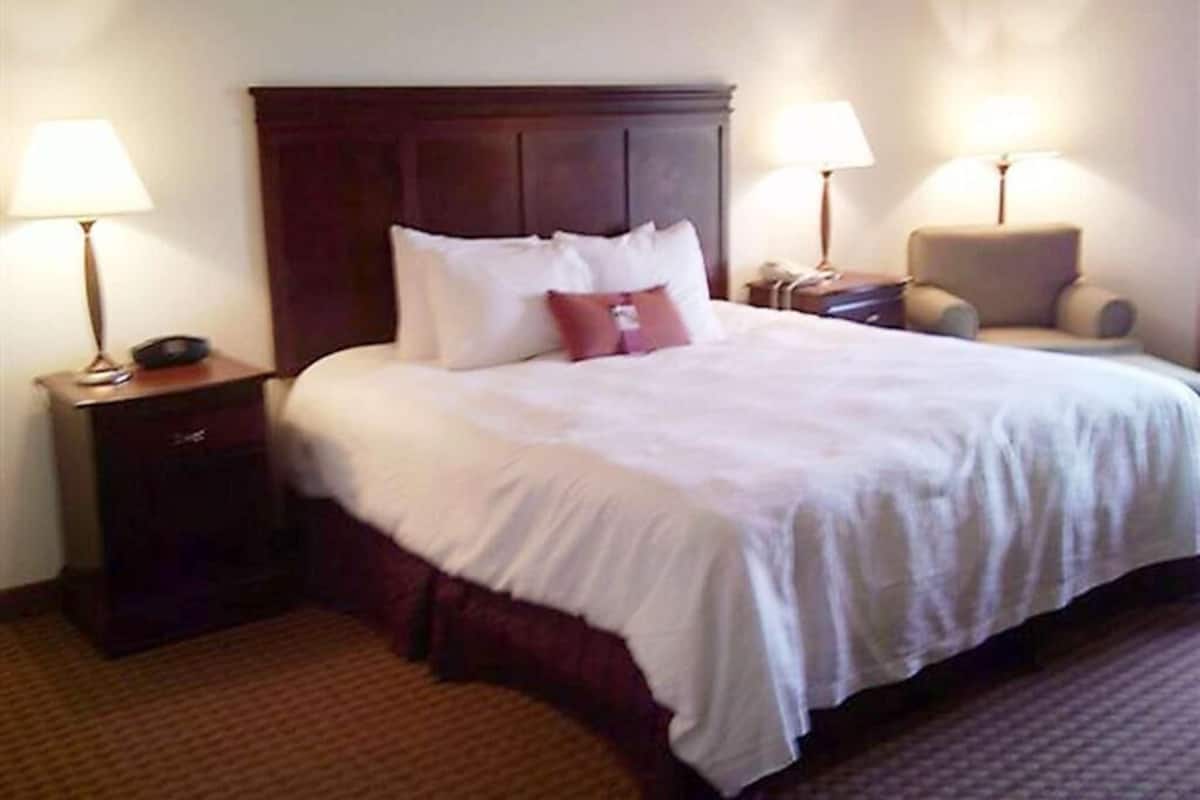 Une chambre d’hôtel avec un grand lit, deux tables de chevet, une chaise et deux lampes.