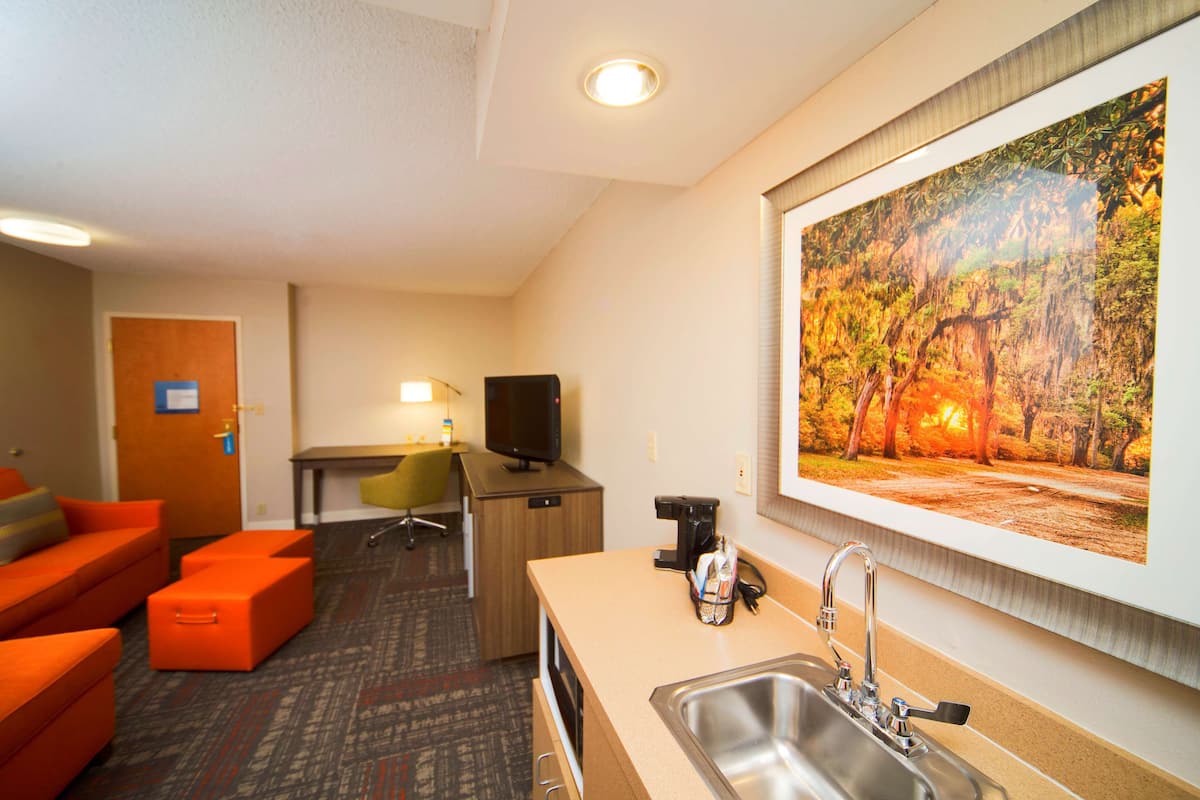 A hotel room with a kitchenette, a sofa, a desk with a chair, a television, a painting of a forest, and a sink.