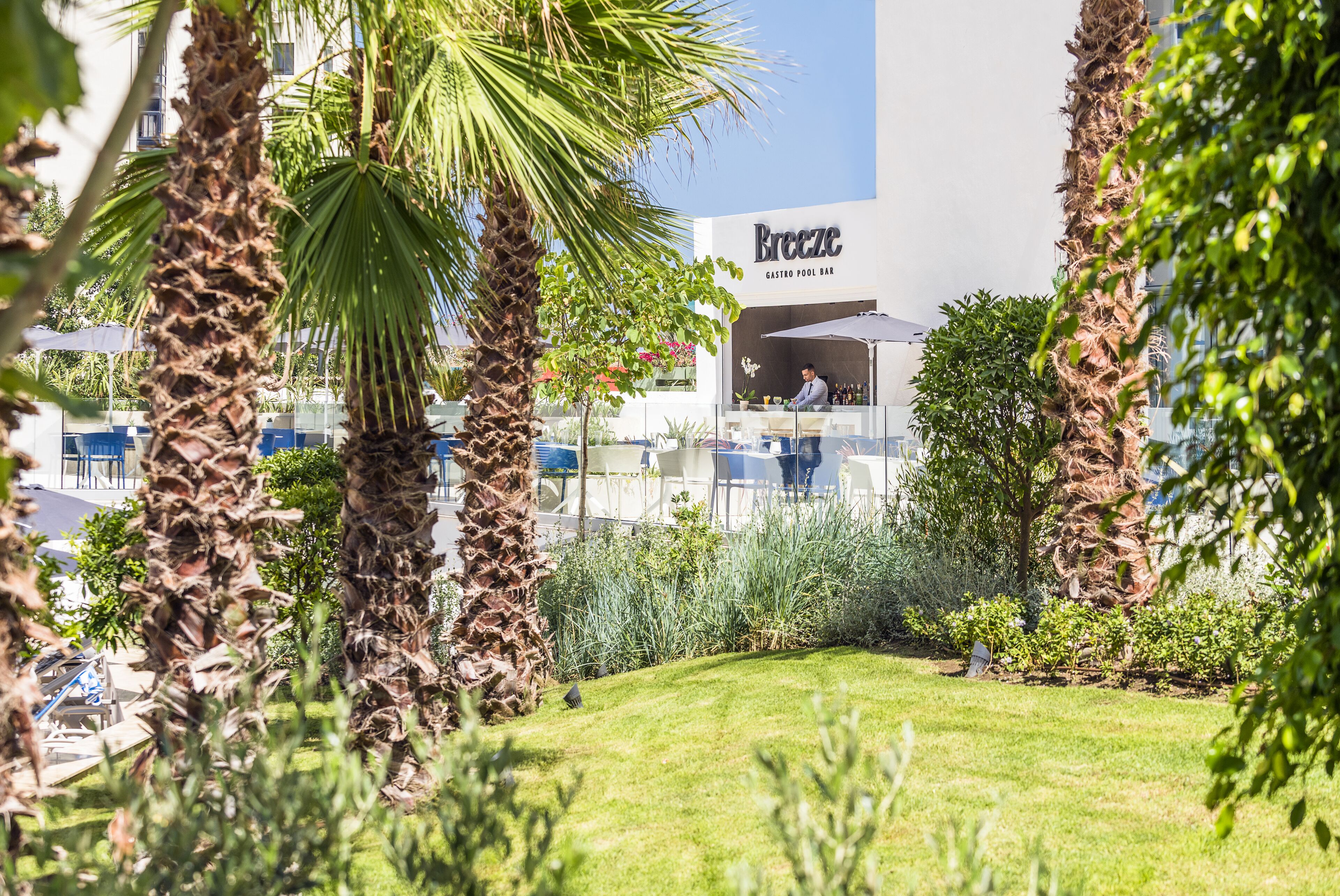 A restaurant named 'Breeze' with outdoor seating, surrounded by palm trees and greenery.