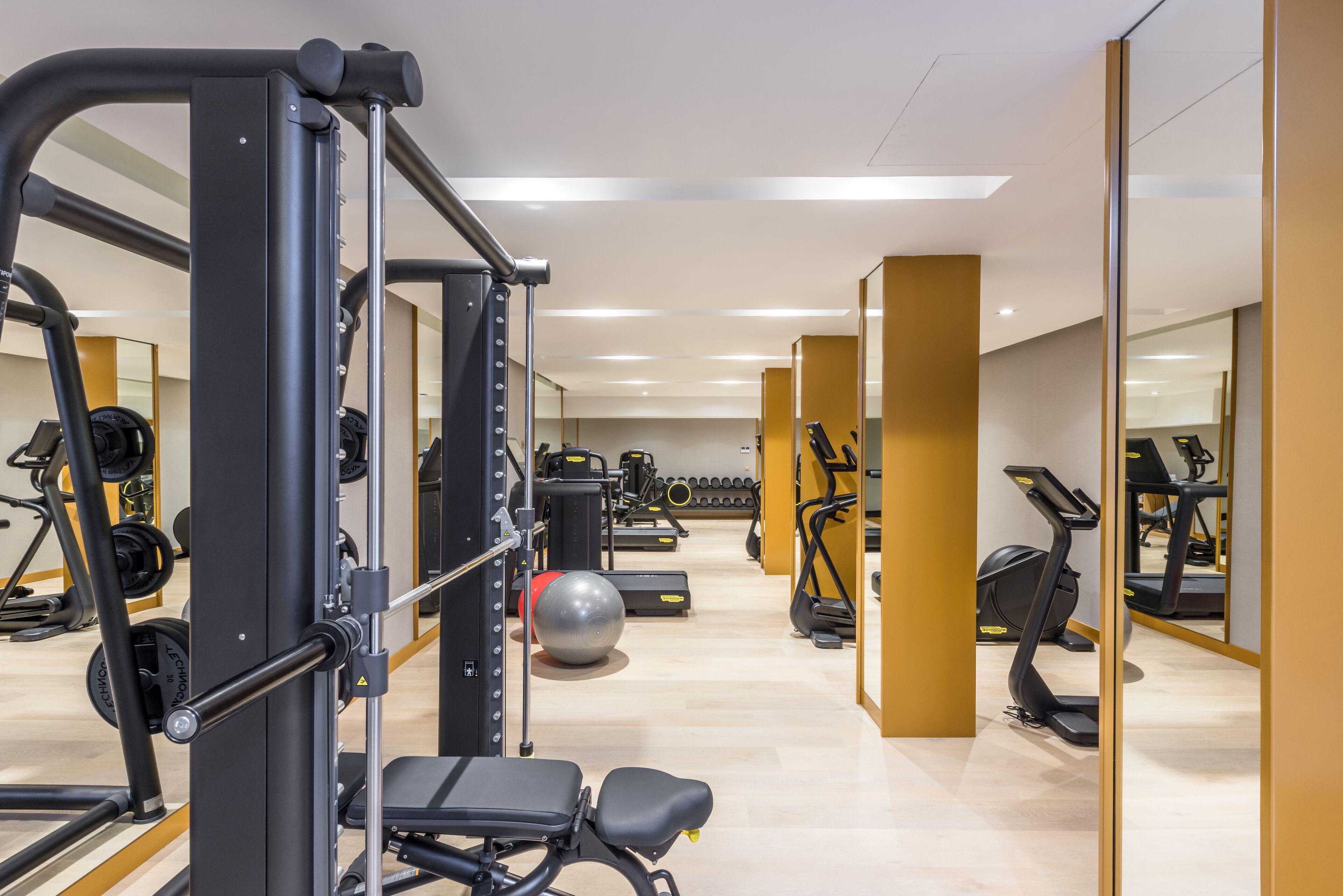 A modern gym with various exercise equipment, including treadmills and weight machines, and a mirrored wall reflecting the equipment.