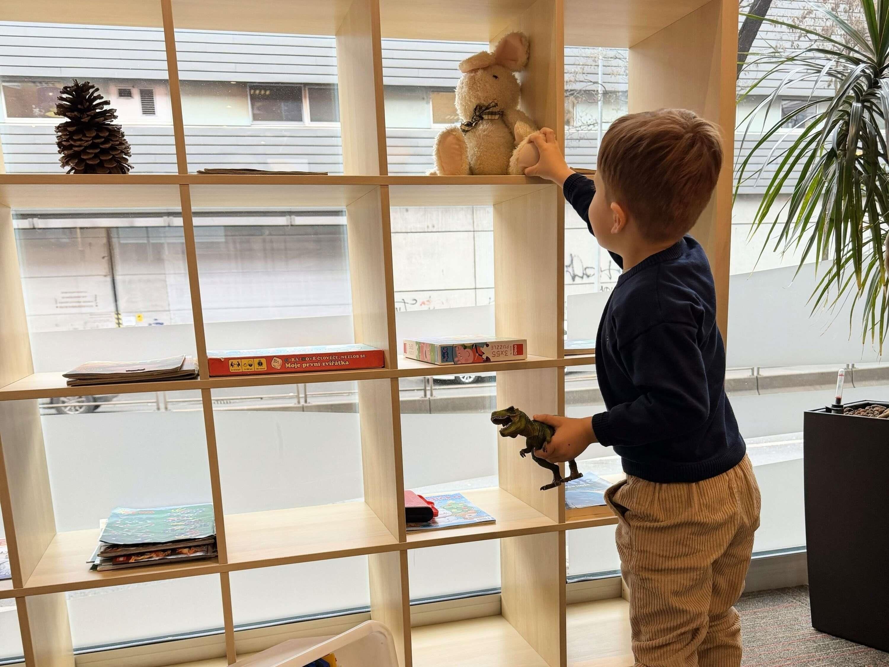 A child holding a toy dinosaur in a room with a bookshelf, a pine cone, and a window with a view of a street.
