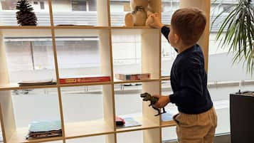 A child holding a toy dinosaur in a room with a bookshelf, a pine cone, and a window with a view of a street.