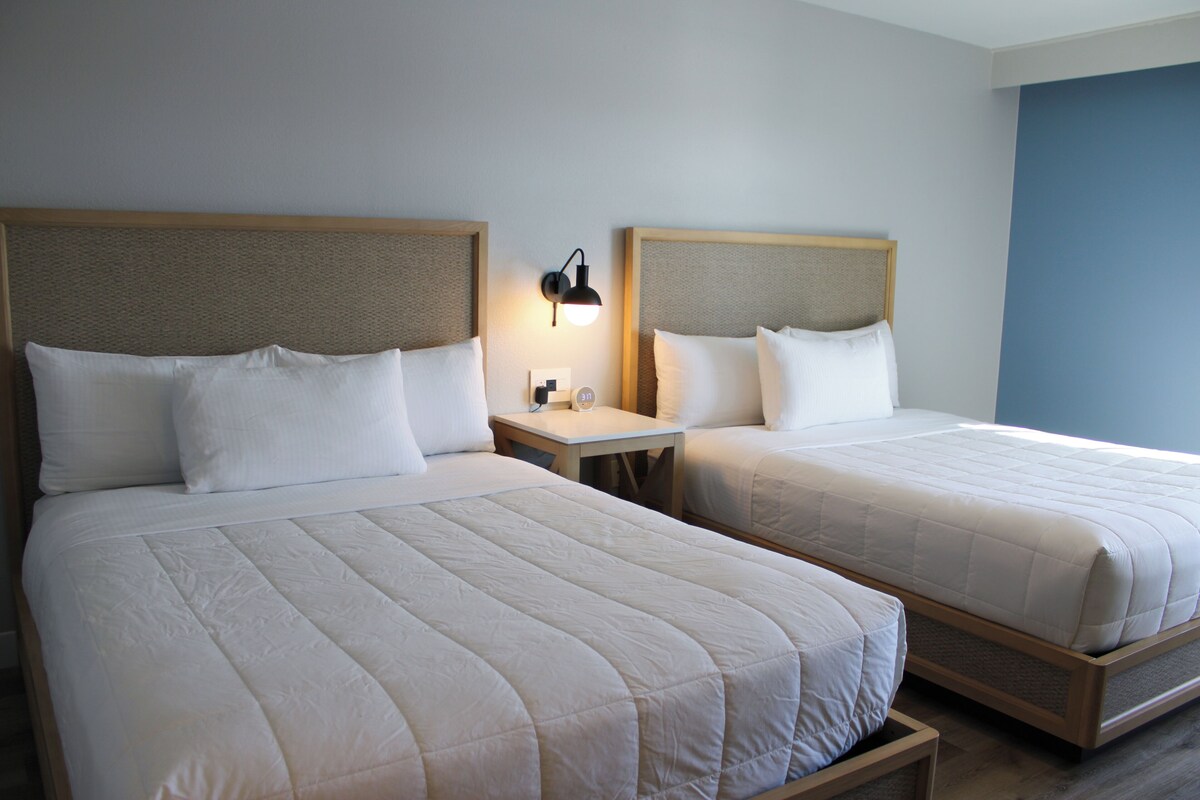 Two twin beds with headboards, a bedside table, and a wall-mounted lamp.
