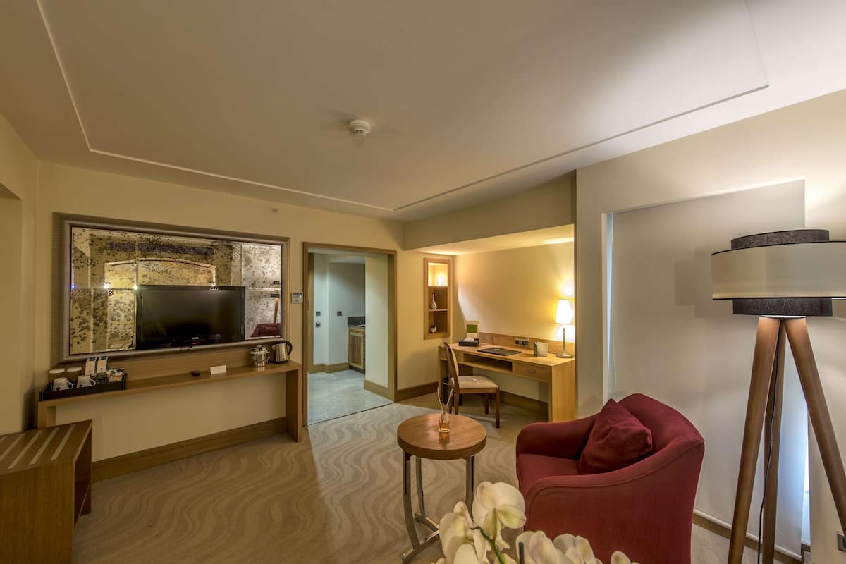 Een hotelkamer met een televisie, een bureau, een stoel, een rode fauteuil en een lamp.
