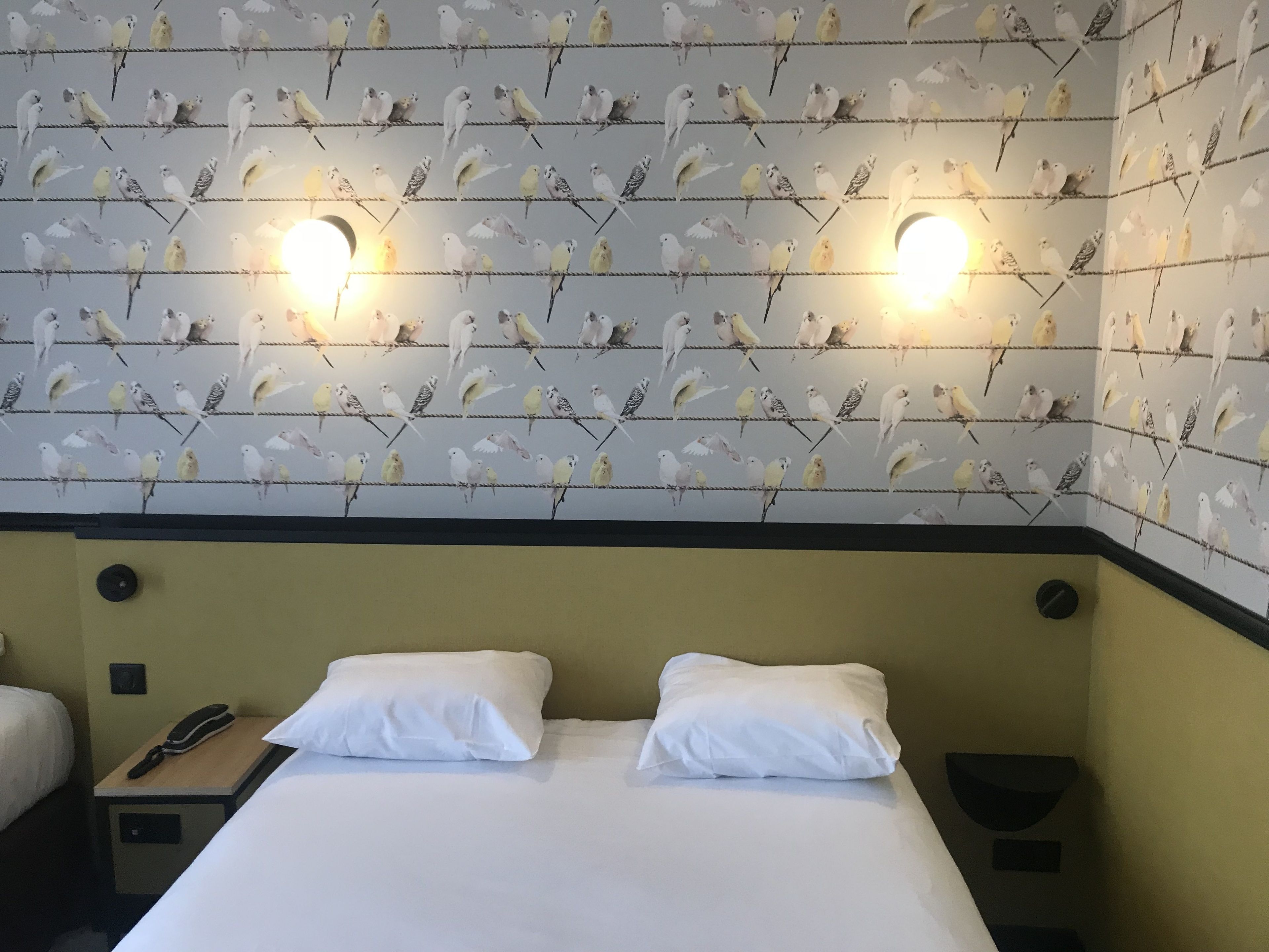 A hotel room with a bed, two white pillows, a bedside table with a phone, and a wall with a bird pattern.
