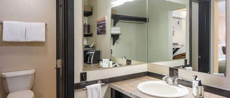 Un baño con inodoro, lavabo y un espejo grande.