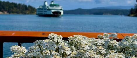 A ferry on a lake with a wooden railing in the foreground.