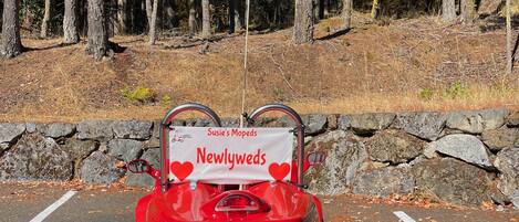 Een rode scooter met een bord waarop 'Net gehuwden' staat, geparkeerd op een parkeerplaats met een stenen muur en bomen op de achtergrond.
