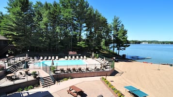 Indoor pool, seasonal outdoor pool, pool umbrellas, pool loungers