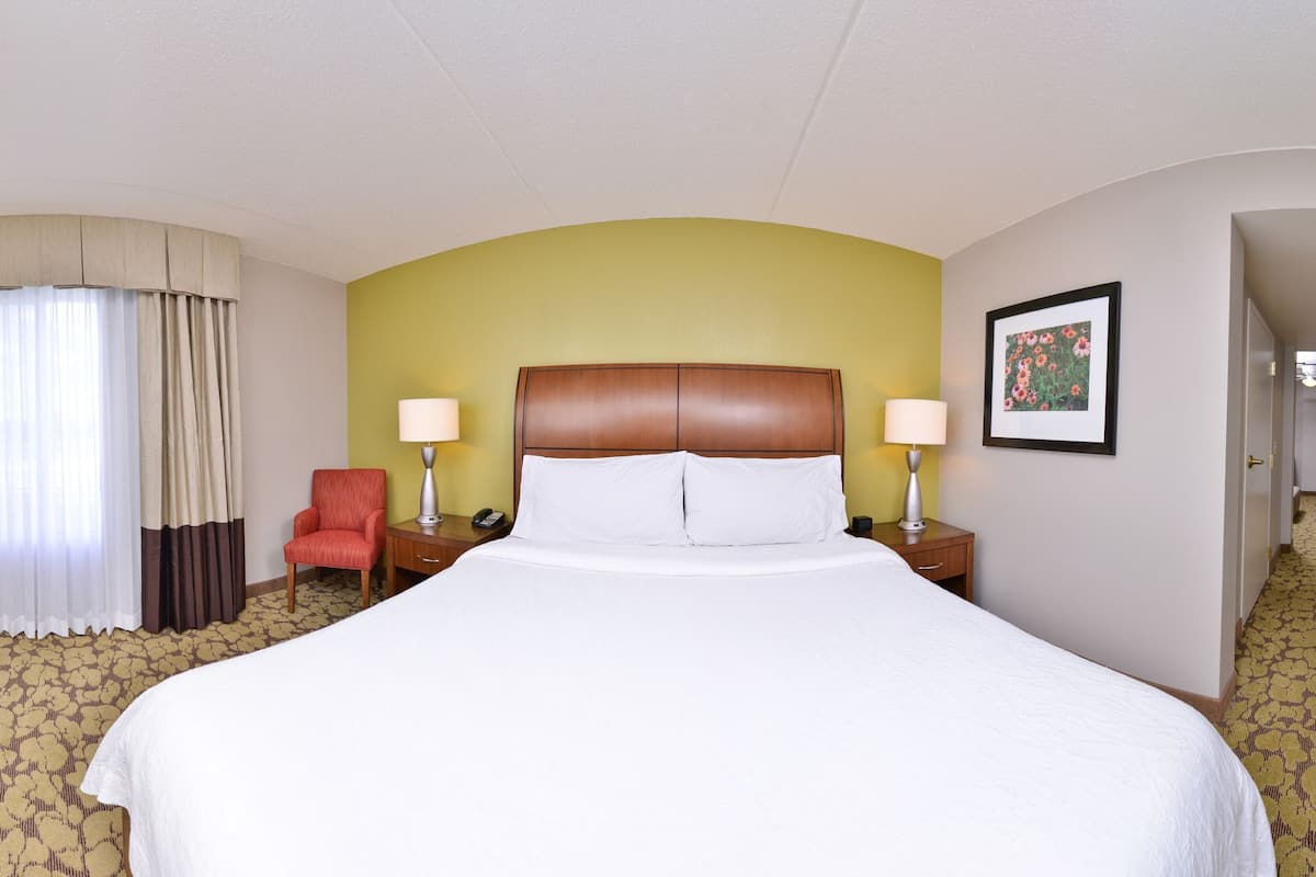 A hotel room with a bed, a television, a desk, a chair, a lamp, and a picture on the wall.