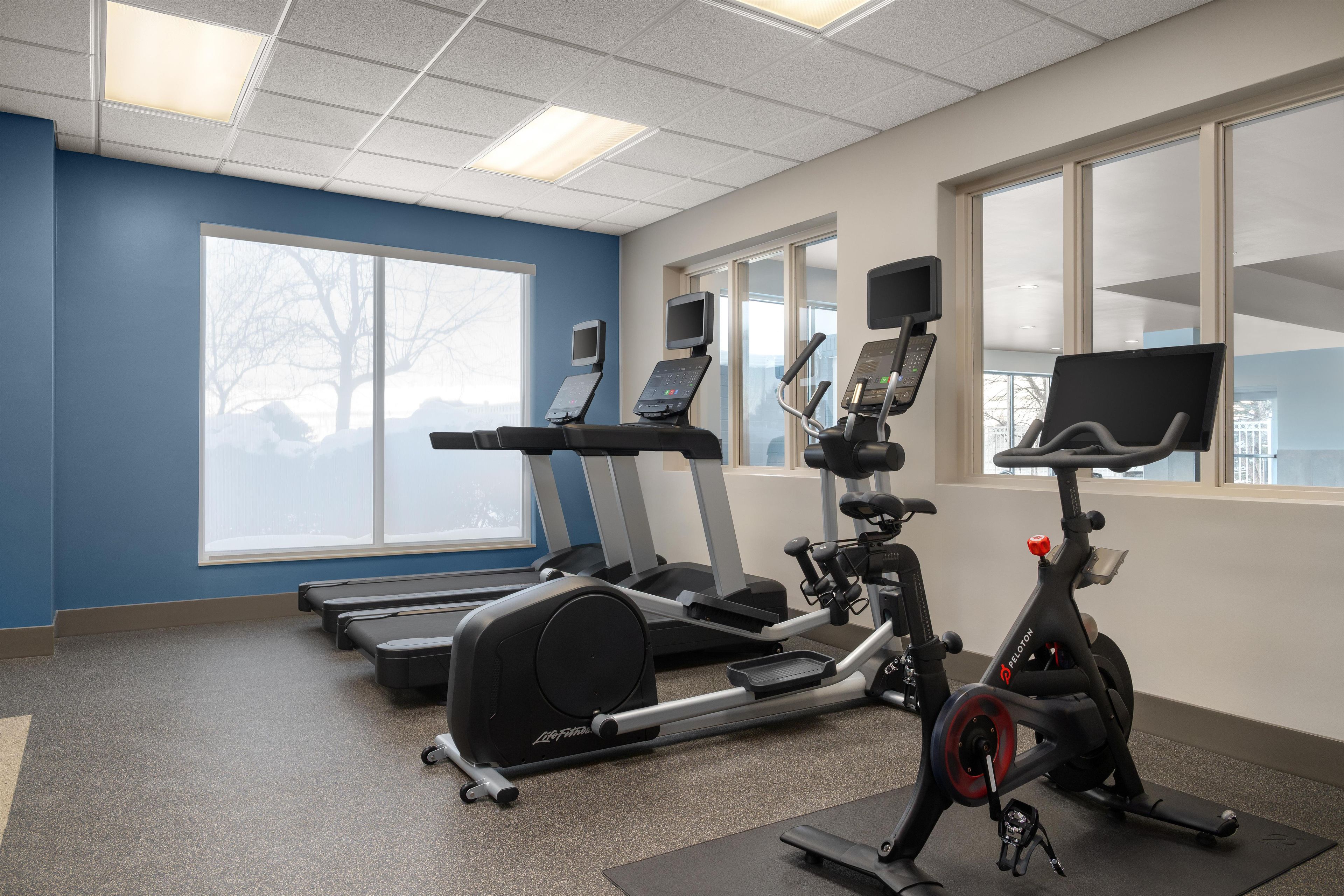 A gym with treadmills, elliptical machines, and stationary bikes.