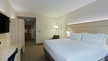 Habitación de hotel con una cama grande, un televisor de pantalla plana, un escritorio con una silla y una lámpara.