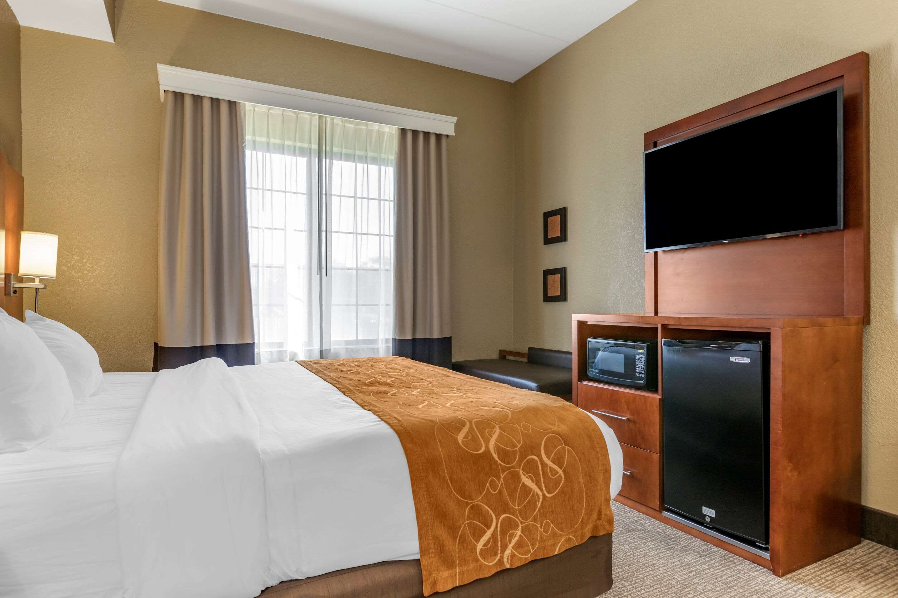A hotel room with a bed, a television, a microwave, and a refrigerator.