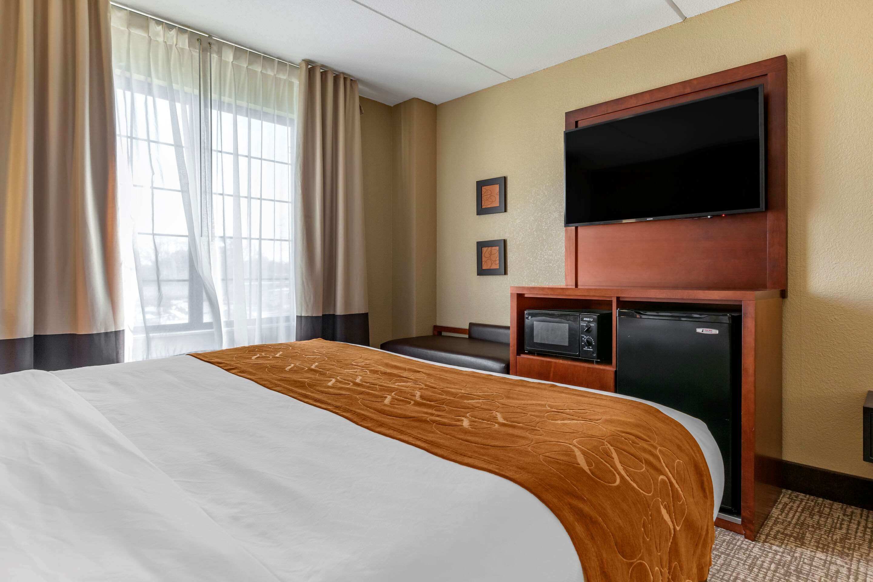 A hotel room with a large bed, a flat-screen TV mounted on the wall, a mini-fridge, and a seating area with a sofa.