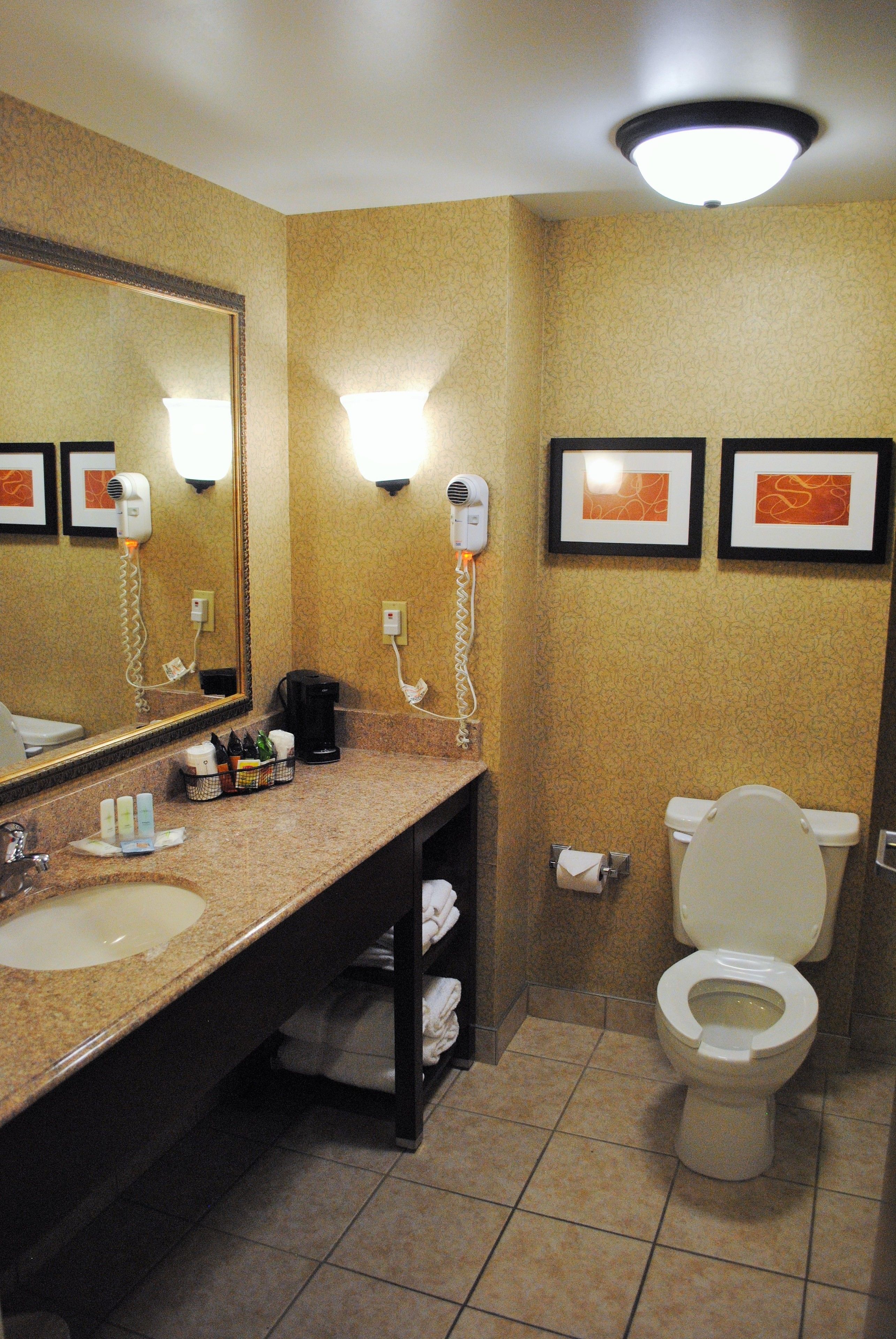 Une salle de bain équipée d’un lavabo, d’un miroir, d’un sèche-cheveux et de toilettes.